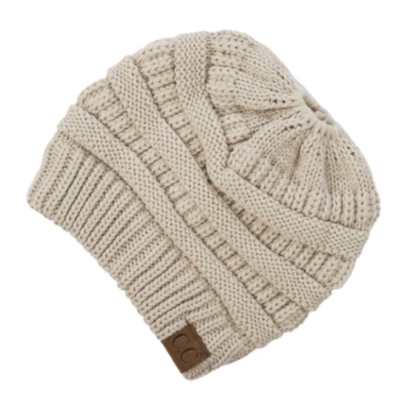 Accessories - CC Ponytail Beanie Hat Messy Bun Beige